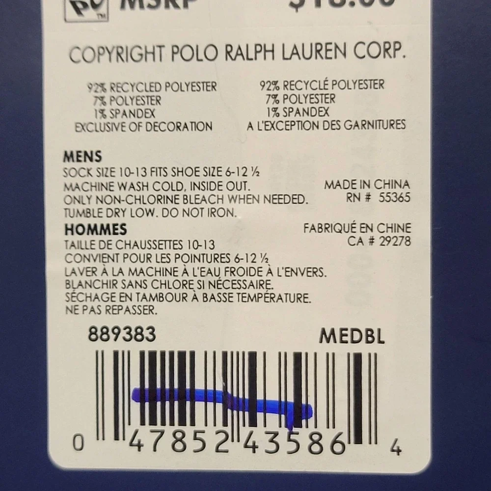 Polo Ralph Lauren Socks Mens 10-13 Cloud Wash Blue Pony Mid Calf Crew 2 Pairs